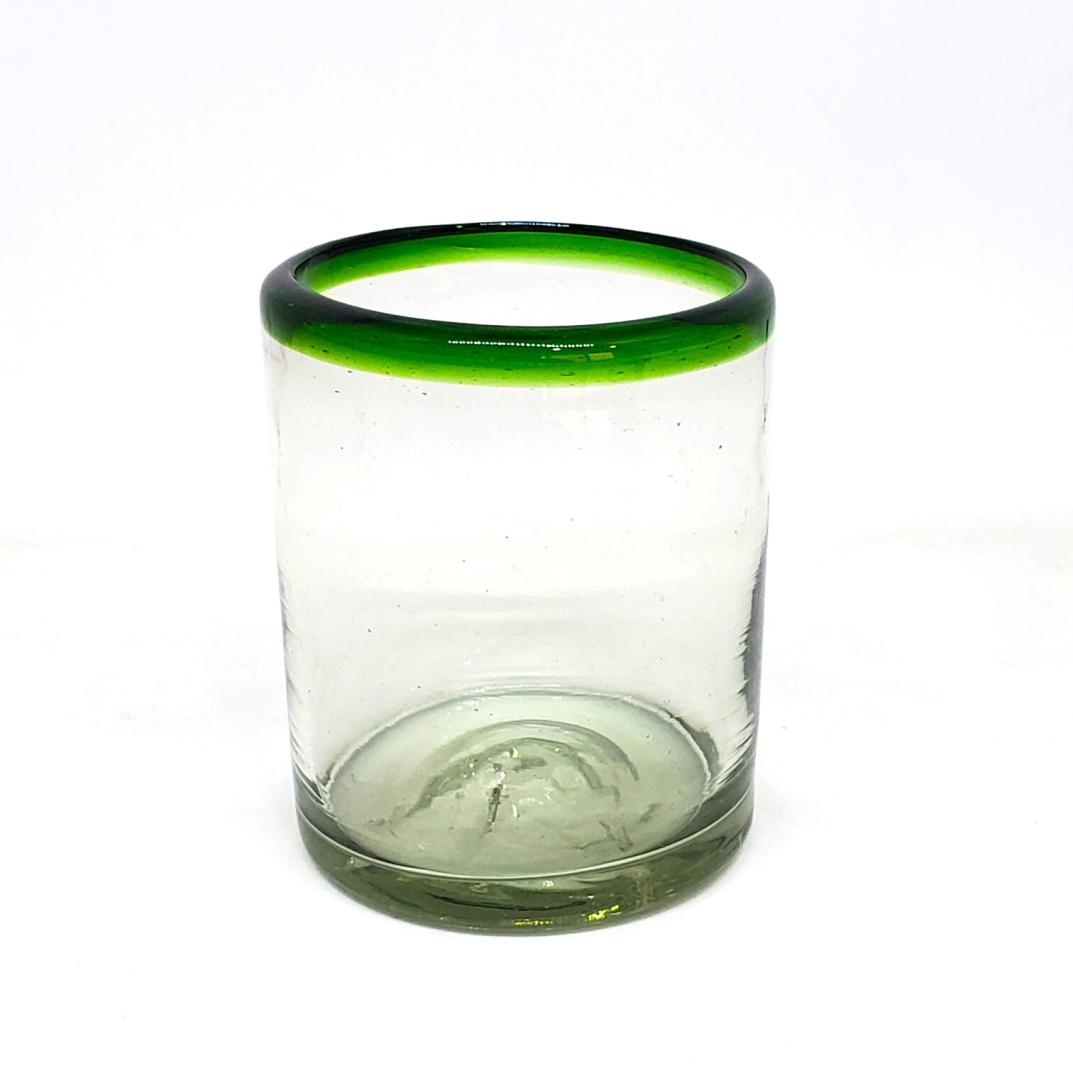 Vasos de Vidrio Soplado / Juego de 6 vasos chicos con borde verde esmeralda / ste festivo juego de vasos es ideal para tomar leche con galletas o beber limonada en un da caluroso.